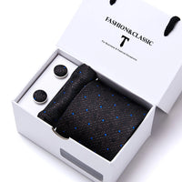 High Quality 7.5 cm Stripe Blue Tie Pocket Square Cufflinks Set For Men Gift Box Wedding Gravatas Fit Workplace
