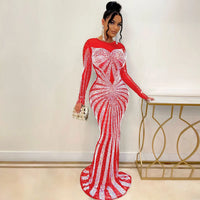 Sexy Rhinestone Crystal Mesh See Through Maxi Dress New Women Long Sleeve Birthday Night Clubwear Long Dress Wedding Party Dress