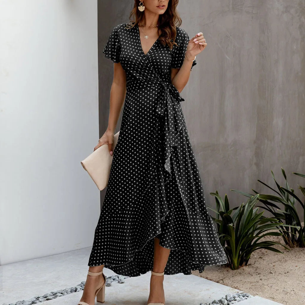 Ladies Bohemian Polka Dot Chiffon Dress Sexy V Neck Short Sleeve Split Maxi Sundress Summer Wrap Dresses For Women