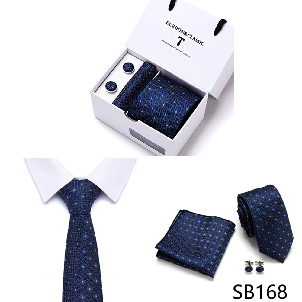 High Quality 7.5 cm Stripe Blue Tie Pocket Square Cufflinks Set For Men Gift Box Wedding Gravatas Fit Workplace