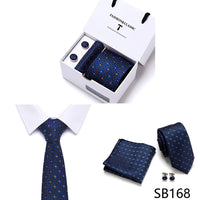 High Quality 7.5 cm Stripe Blue Tie Pocket Square Cufflinks Set For Men Gift Box Wedding Gravatas Fit Workplace