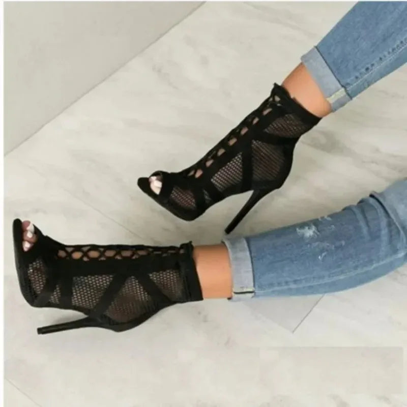 Women High Heels Dance Shoes Summer Mesh Cutout  Breathable Boots Elegant Shoes Ladies Fashion Party Stiletto Sandals