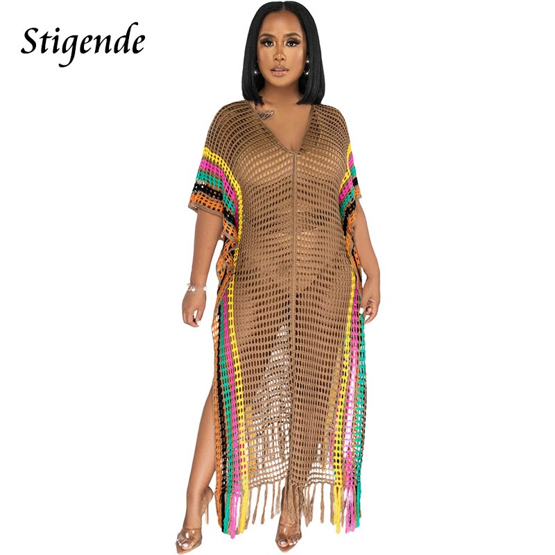 Sexy Side Split Hollow Out Tassels Dress Women Summer Knit Cover Up Swimwear Fashion Multi Color Patchwork Crochet Beach Dress