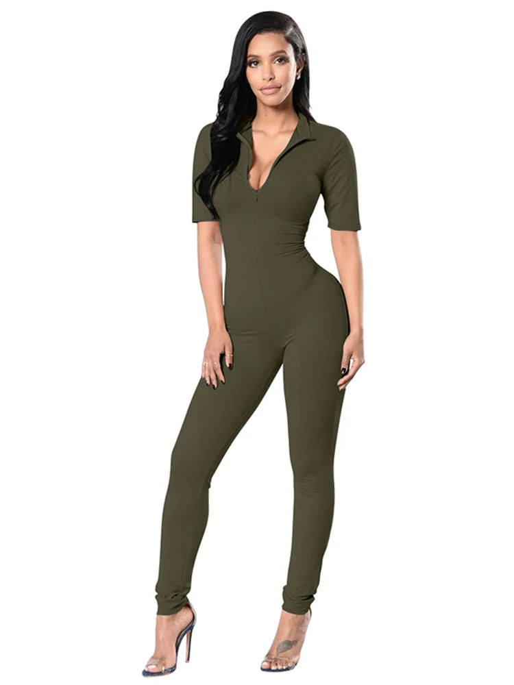 New Autumn and Winter 2023 Short Sleeve V Neck  Bodycon Jumpsuit Full Lengt Rompers Women Jumpsuits