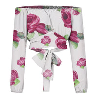 Women Sexy Off Shoulder Blouse Chic and Elegant Printing Lantern Long Sleeve Lace Up Bow Cropped Tops Casual Slim Shirts 2024