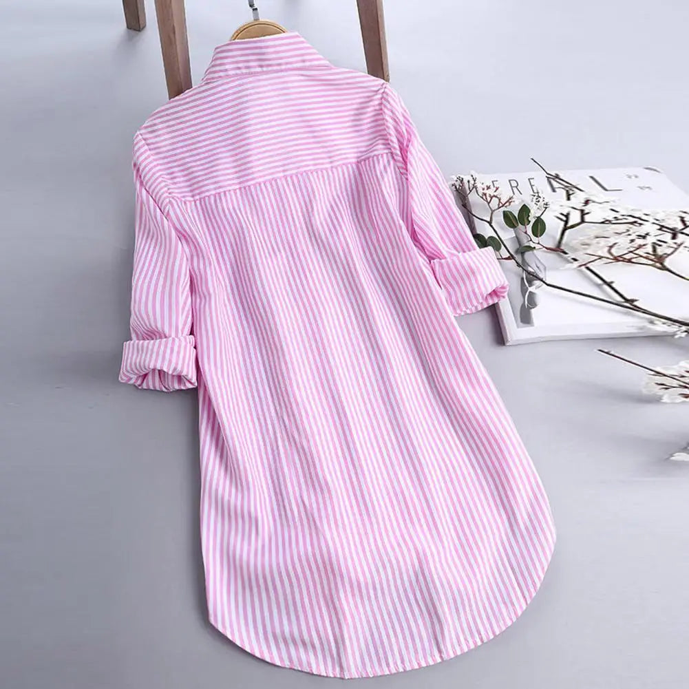 M-4XL Women Tunic Shirt Striped Long-sleeves V Neck Mid Long Turn-down Collar Loose Fit Casual Summer Elegant Ladies Blouse Top