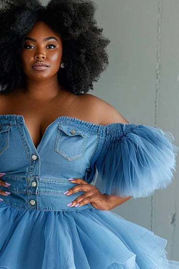 Plus Size Party Tulle Blue Off The Shoulder Short Sleeve Pleated Contrast Denim Mini Dresses