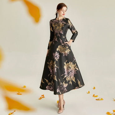 Good Quality New Women's Jacquard Long Sleeve Maxi Dress Slim Elegant Boho Floral Fashion Clothing Vintage Ladies Party Fall