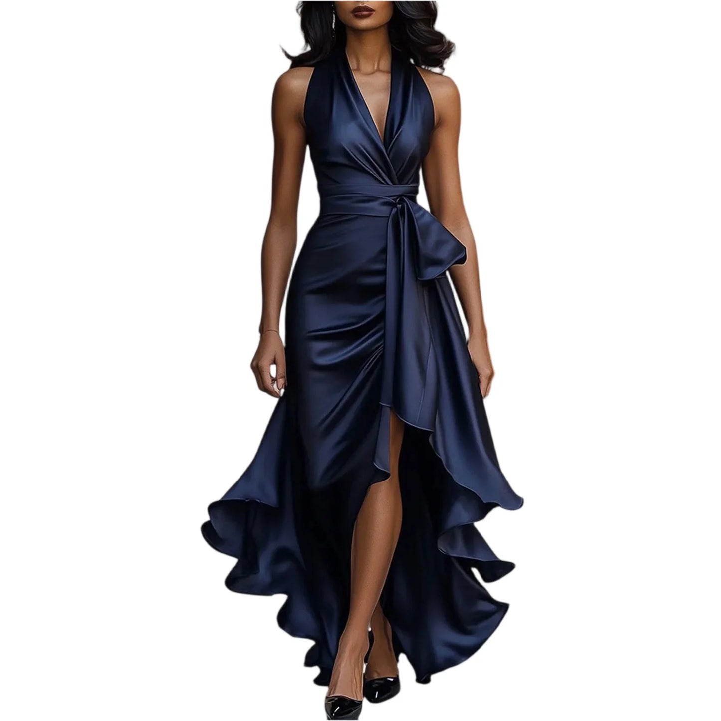 Women Fashion Solid Color V Neck Sleeveless Irregular Hem Midi Dress Party Cocktail Elegant Dress for Night Out