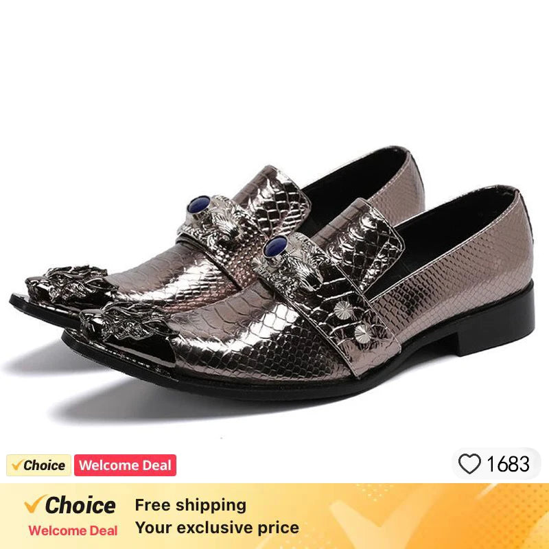 brown business dress men's shoes black snake embossed Genuine leather shoes dragon head pointed party Trend wedding shoes