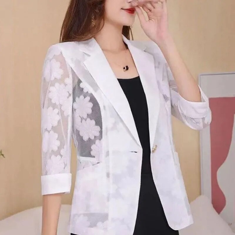 2023 Summer Women Thin Cardigan Sun Protection Clothing Hollow Lace Slim Shawl Office Ladies Work Wear  women blazers and jacket