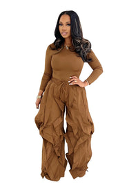 Fall 2025 Outfits Women Two Piece Set Solid Casual Long Sleeve Tops and Ruffle Drawstring Jogger Pants Streetwear Matching Sets