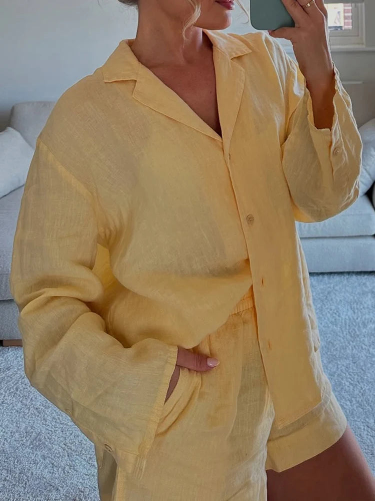 HH 2025 Casual Women Linen Shirt Shorts Sets Summer Lapel Single-Breasted Long Sleeves Shirt Top+Elastic Waist Pocket Shorts