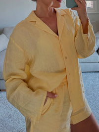 HH 2025 Casual Women Linen Shirt Shorts Sets Summer Lapel Single-Breasted Long Sleeves Shirt Top+Elastic Waist Pocket Shorts