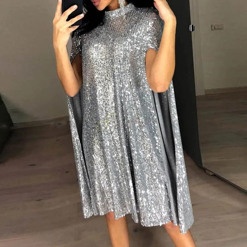 Plus Size XXL Sexy Party Sequin Glitter Dress Mock Neck Cape Design Sequins Cloak Sleeves Dresses Pink Black Gold Gray