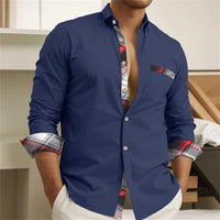 Men's Button Up Shirt, Black and White Solid Color, Long Sleeved Striped Cuffs, Lapel Collar, Daily Vacation Pocket, Fashionable