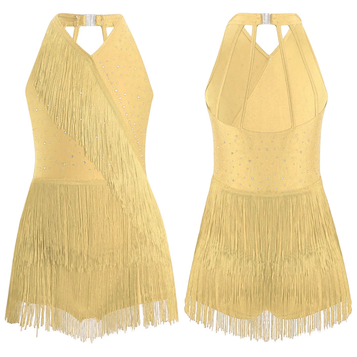 Kids Girls Latin Dance Cha-cha Samba Salsa Costume Rhinestones Fringe Leotard Dress Sleeveless Strappy Back Tassel Jumpsuit