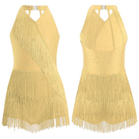 Kids Girls Latin Dance Cha-cha Samba Salsa Costume Rhinestones Fringe Leotard Dress Sleeveless Strappy Back Tassel Jumpsuit