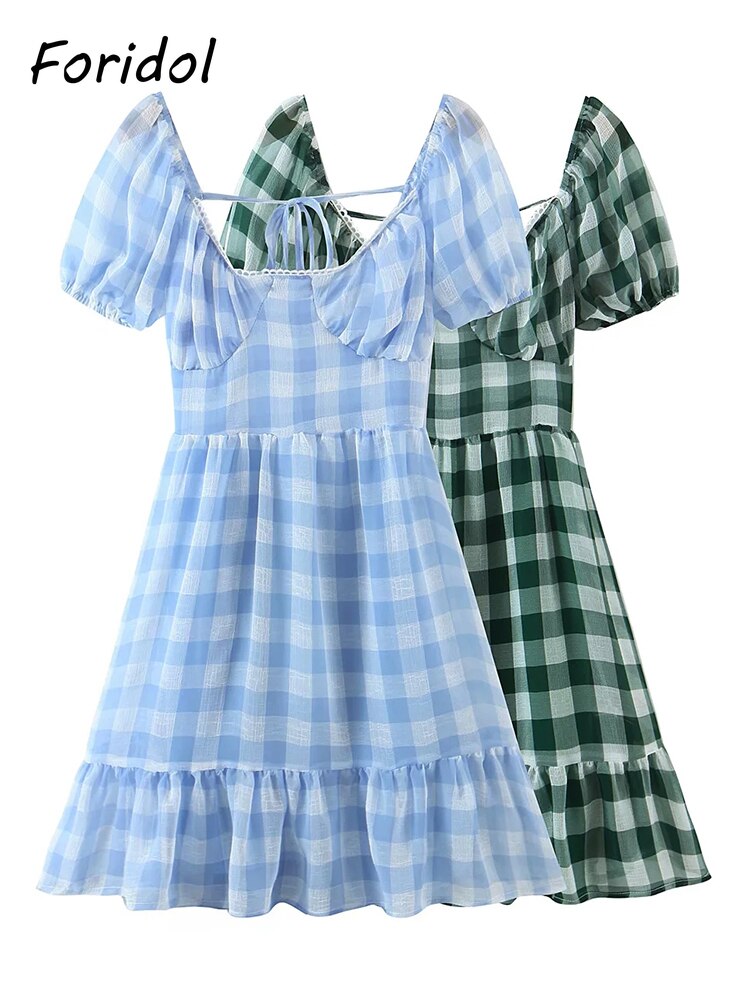 Foridol Lace Up Backless Gingham Chiffon Summer Dress Vintage A-line Puff Sleeve Plaid Short Dress Chic Blue Holiday Dress 2023