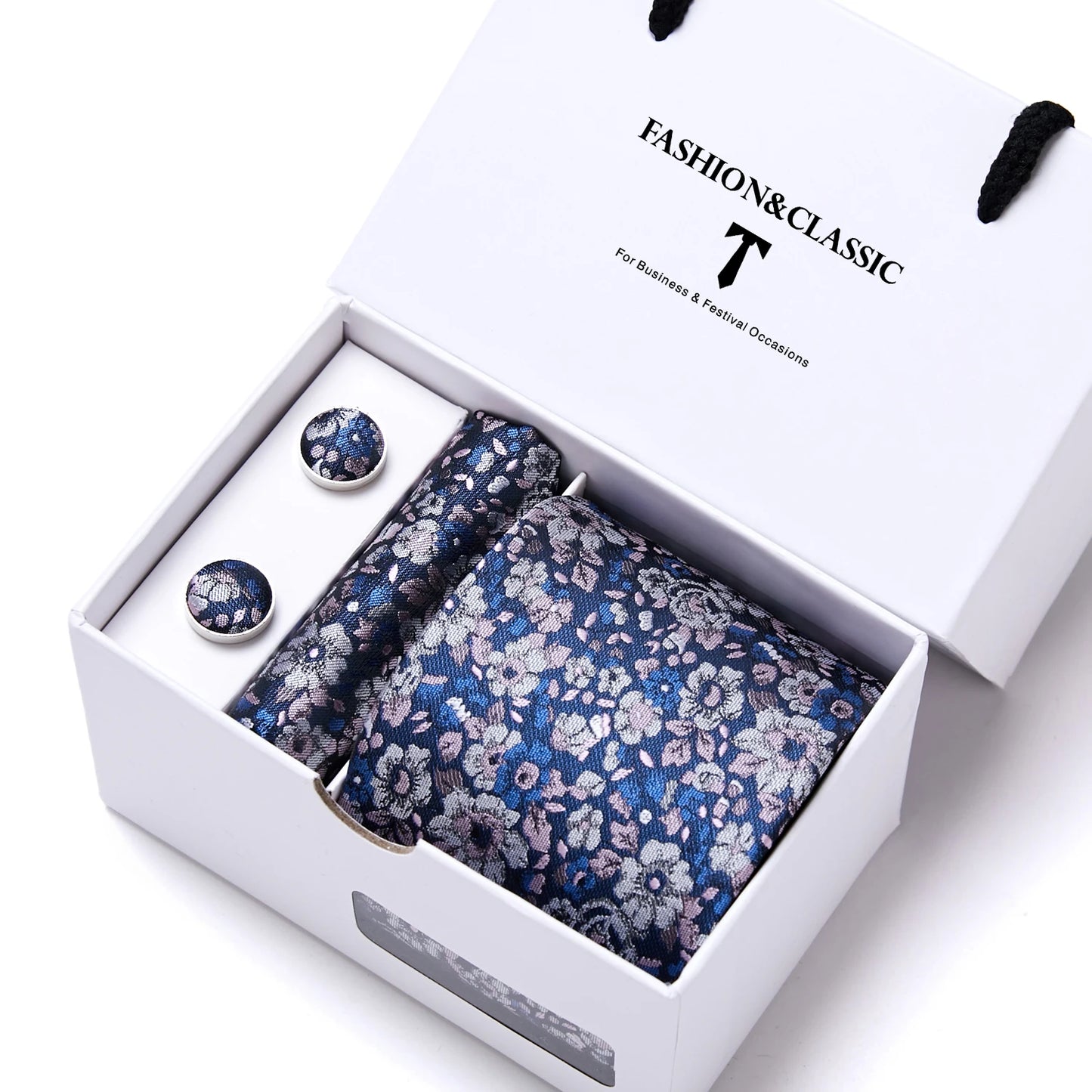 High Quality 7.5 cm Stripe Blue Tie Pocket Square Cufflinks Set For Men Gift Box Wedding Gravatas Fit Workplace