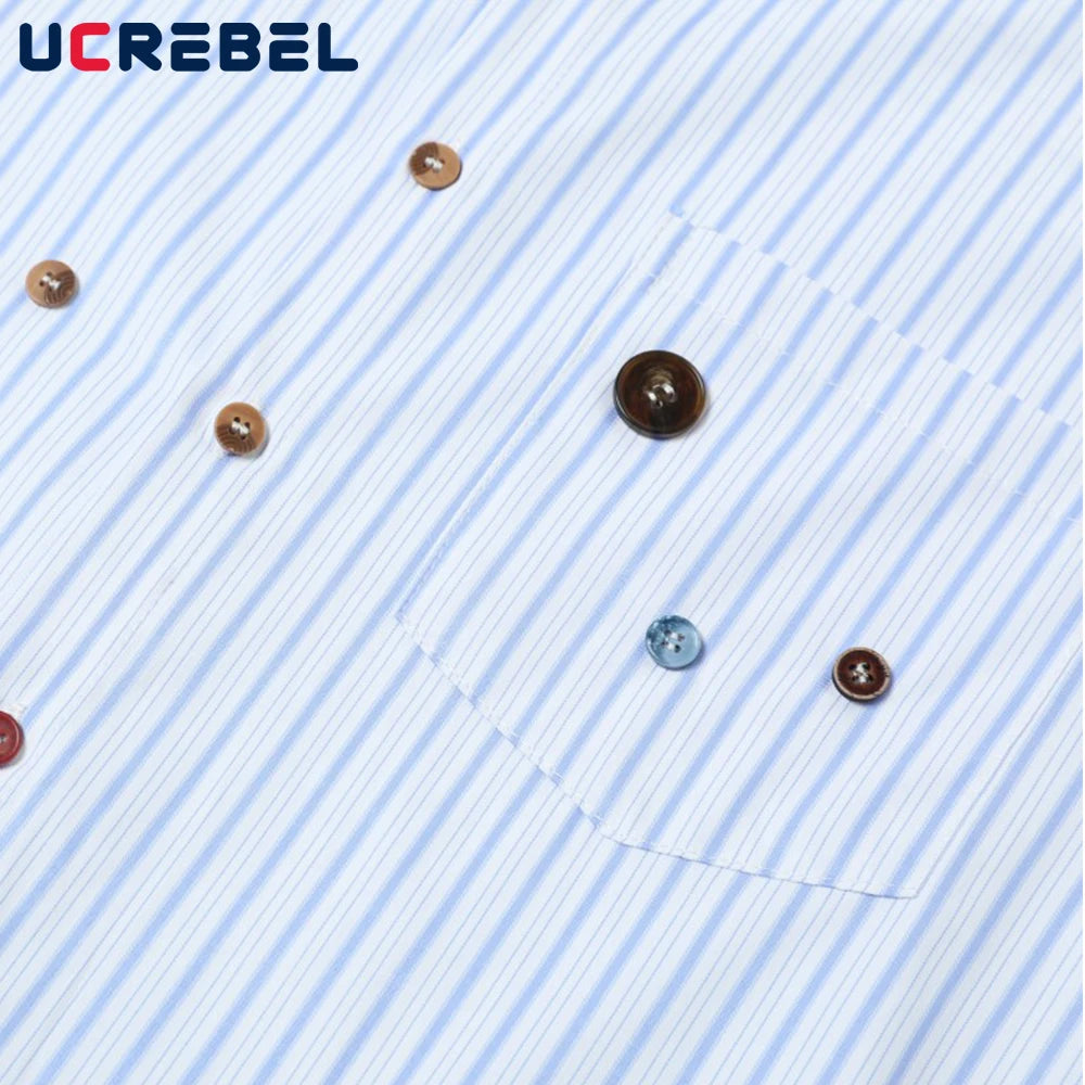 Button Decoration Striped Long Sleeve Shirts Mens High Street Autumn Single Breasted Lapel Pocket Shirts Men