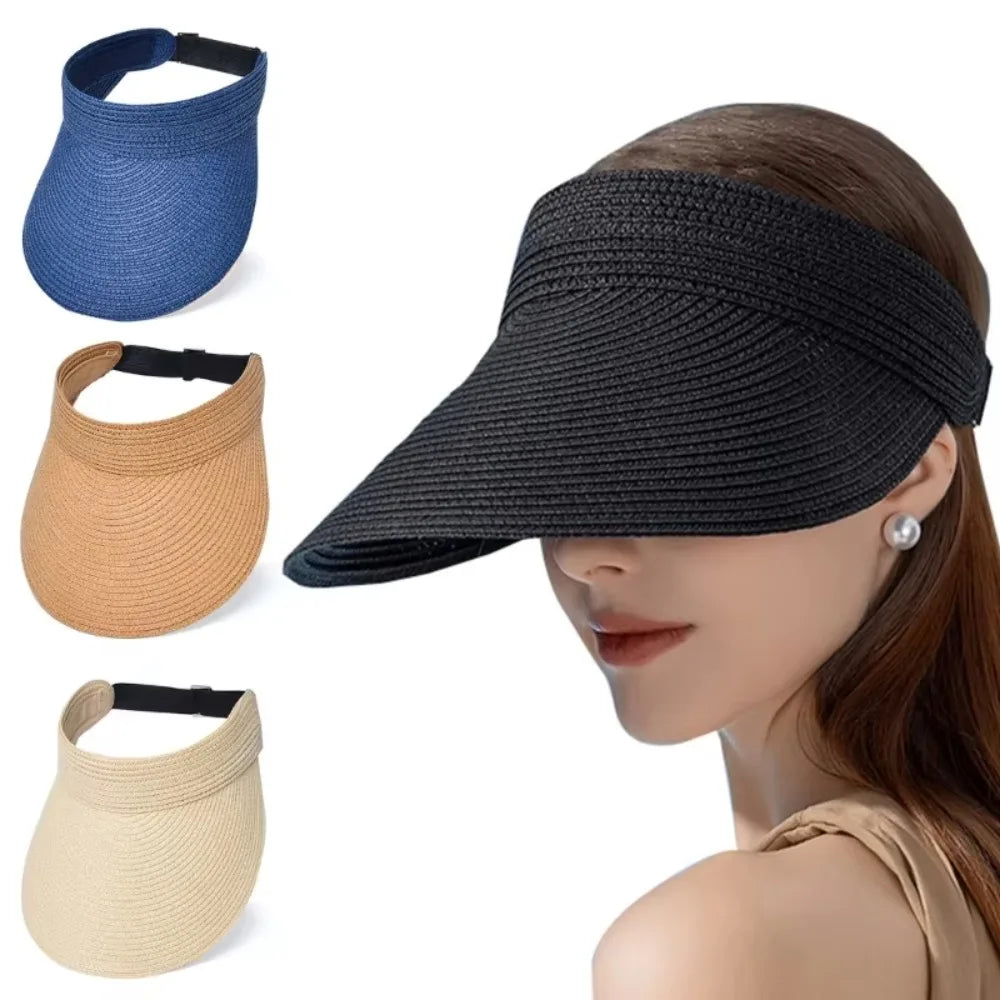 New High Quality UPF50+ Wide Brim Visor Hat for Women Straw Beach Sun Visor Foldable Ponytail with UV Protection Summer Anti-UV