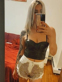 Rivet denim shorts summer spring women high waist loose tassel jeans shorts