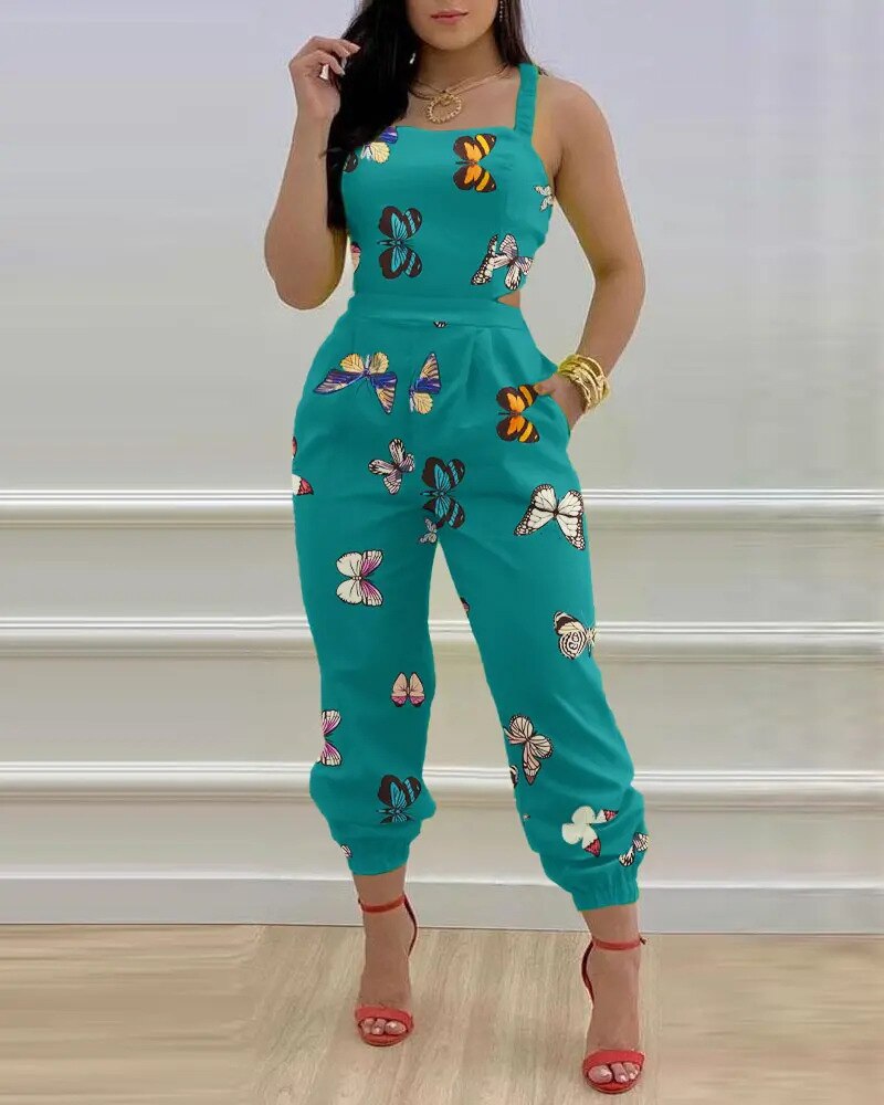 Elegant Jumpsuit Women Summer 2023 Fashion Butterfly Print Crisscross Lace Up Details Backless Long Jumpsuit Plus Size Rompers