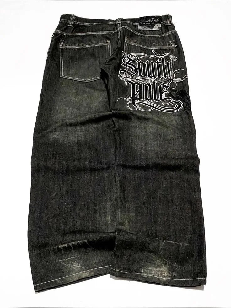 2000s washing old vintage printed jeans men gothic trend loose pants super large washing hip hop fashion wide pants