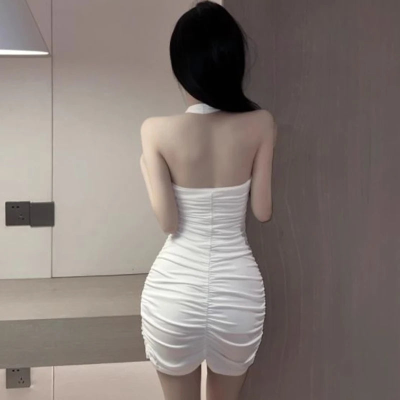 2024 Summer Women Chic Korean Style Vacation Dress Lady Sexy Solid Color Halter Backless Dress Female Designer Ruched Skirts