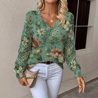 Elegant Bohemian Floral V-neck Long Sleeved Top Fashionable V-neck Pullover Hollow Printed Sweater Pullover 2025 Casual Knitwear