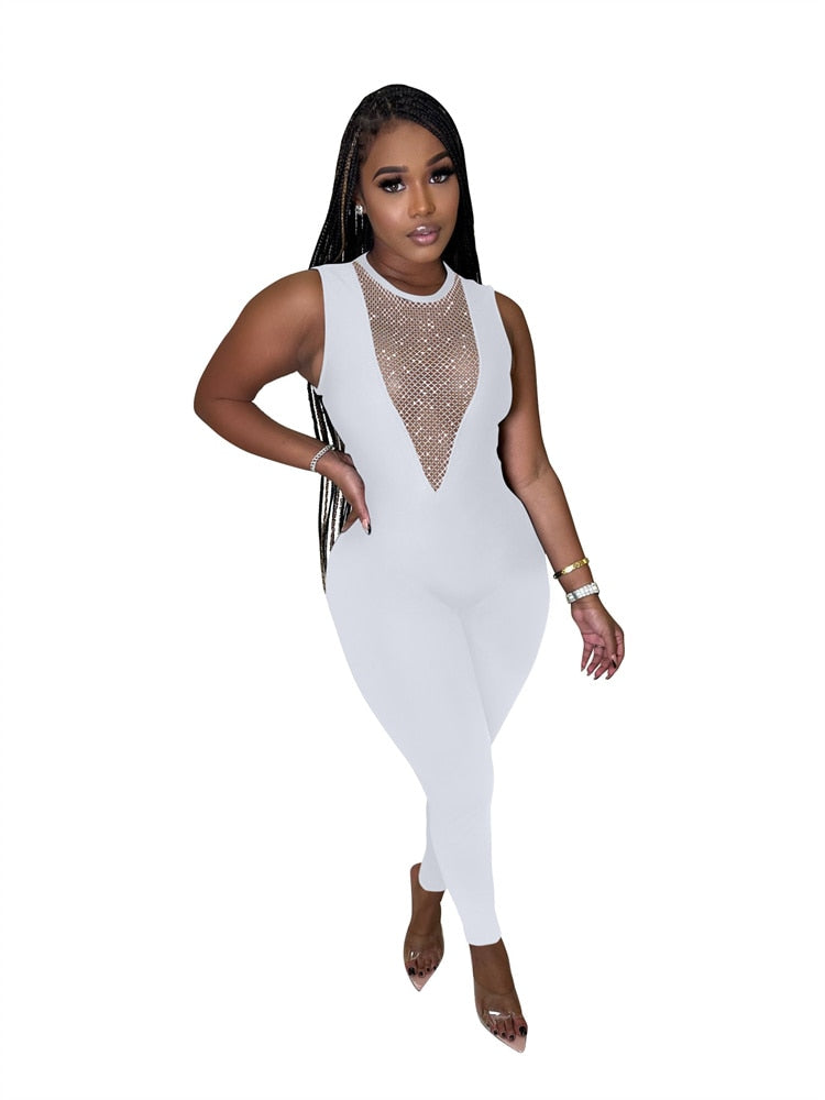 Women Sexy Mesh See Through Jumpsuit Sexy Deep V Neck Sequin Rhinestone Bodycon Jumpsuits