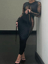 Sexy 2022 Irregular Hollowed-out Tight Dress With Rope Hipster Long Sleeve O Neck Dress