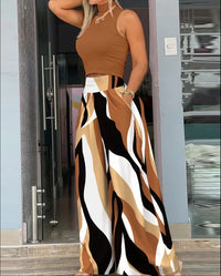 2026 Summer Fashion Printing Two Piece Set Women Casual Solid Sleeveless Tank Top Wide Leg Pants Two Piece Set Women