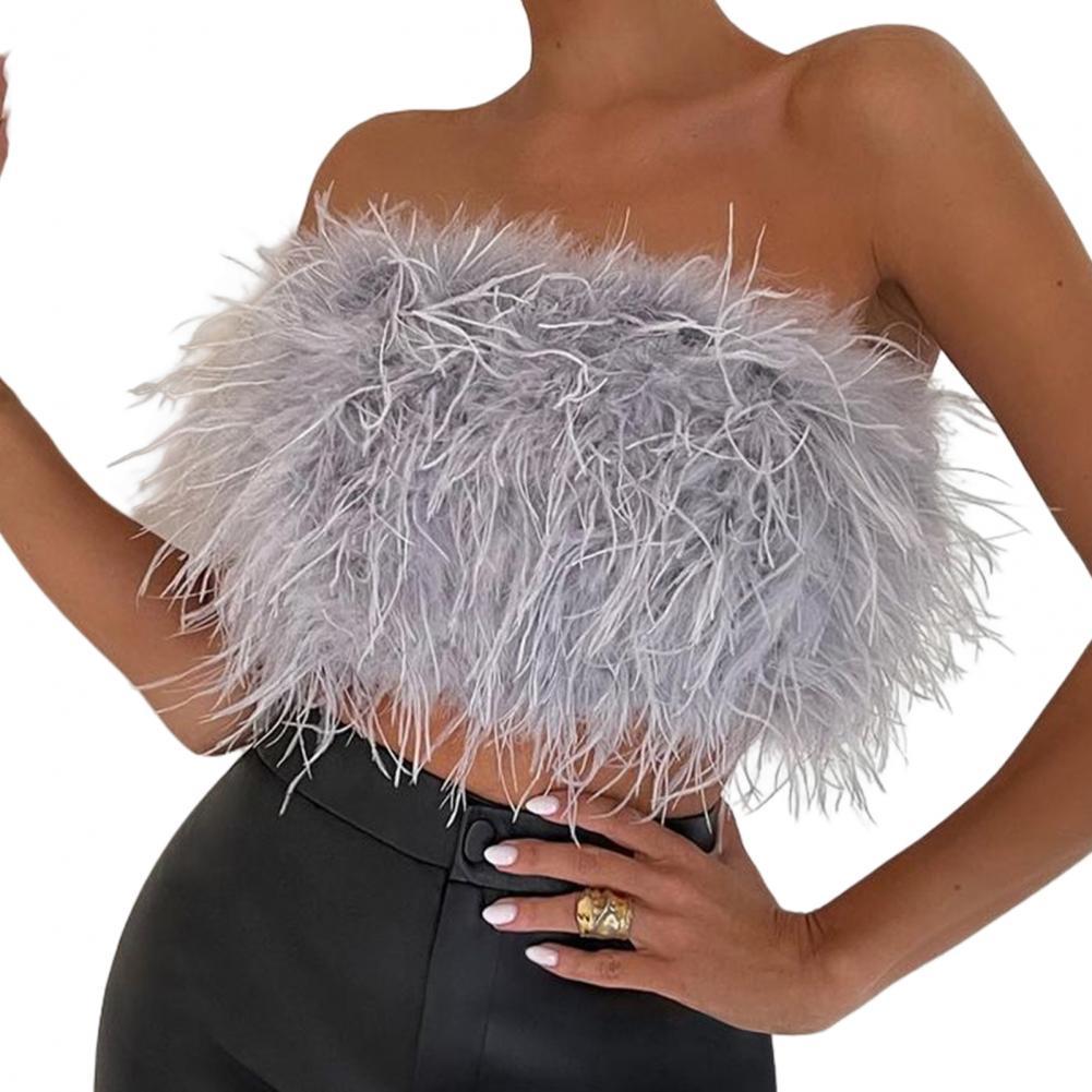 Sexy Feather Strapless Tank Tops Women Summer Party Club Sleevelss Fluffy Fashion Tops Female 2022