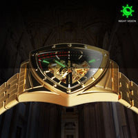 WINNER Military Triangle Skeleton Automatic Watch for Men Gold Sports Mechanical Watches Luxury Stainless Steel Strap Luminous