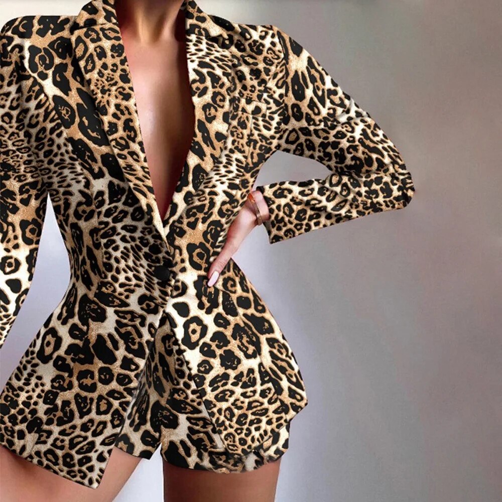 Fashion Long Sleeve Blazers And Sorts Two Piece Sets Women 2023 Autumn Outfits Sexy Elegant Leopard Blazer 2 Peice Set For Women