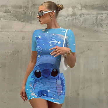 Disney Stitch Design Seaside Spice Girls Short Skirt Women's Tight Pack Hip Sexy Mini Slim tight Beach Dress Ladies Summer New