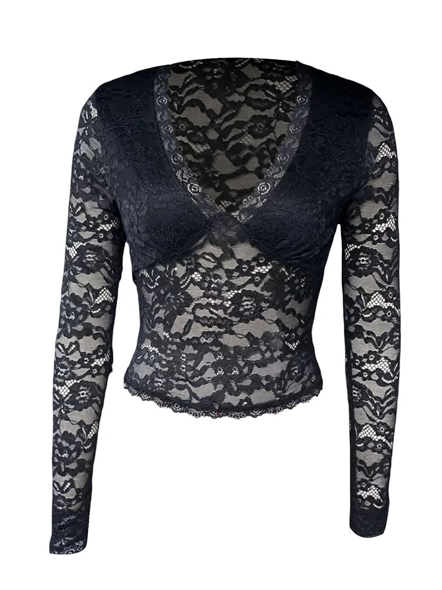 Women's Deep V Lace Long Sleeve Top - Black T-Shirt  Long Sleeve V Neck Sheer Lace Top Slim Fit Transparent T-Shirt Club Outfit