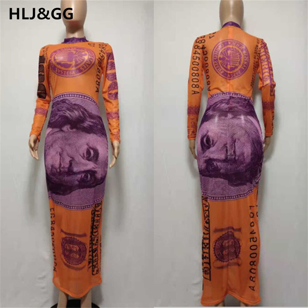 Women Spring Autumn Money Vintage Print Skinny Long sleeve dress sexy party Streetwear new long vestido dresses 2022 New