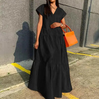 women sundress  Loose V-neck Patchwork Short Sleeves Solid Color Beach Dress Summer Women Dress Elegant Large Hem Maxi Dress