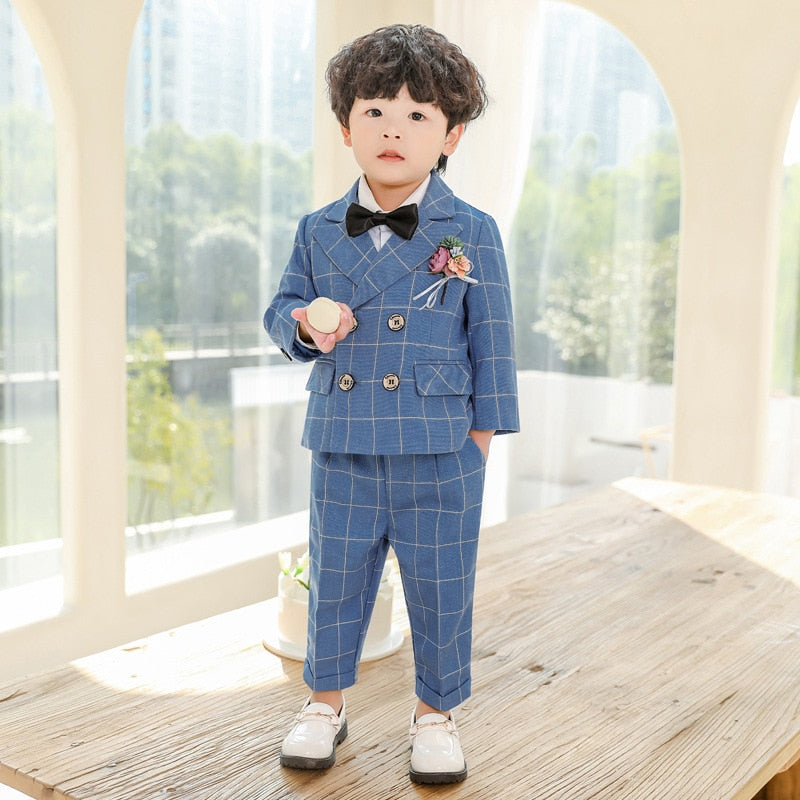 Flower Boys Formal Dress Suit Set Autumn Children Plaid Double Breasted Blazer Pants 2Pcs Clothes Set Kids Wedding Party Costume