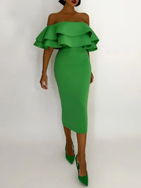 Green Bandage Dress Midi Elegant Woman Dress for Party Ruffle Sexy Off Shoulder Evening Birthday Club Outfit 2023 Summer