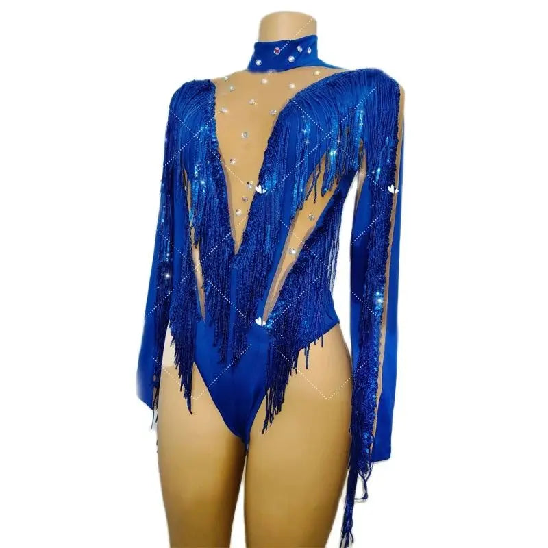 Flashing Blue Fringed Rhinestones Bodysuit Women Stretch Gogo Dancer Costume Bar Nightclub Dj Ds Party Rave Outfits XS7744