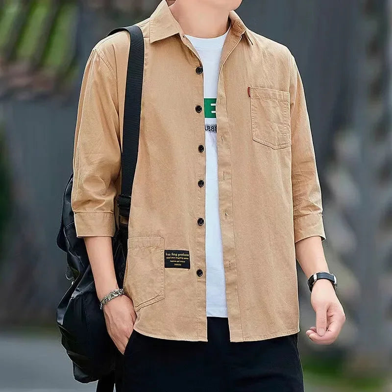 Men shirts Summer Men's clothing Short-Sleeved shirts & blouses Daily Solid Color Stand-Up Collar Casual Beach Style Male Shirt