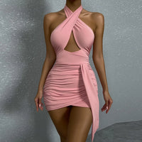 Summer New Sexy Halter Cross Hip Dress For Women Backless Pleated Cut-out Mini Party Dress Sleeveless Buttocks Bodycon Dress