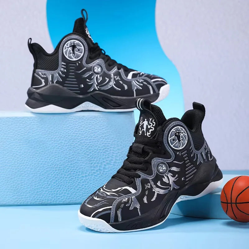 A pair of children's four-season high-top leather basketball shoes, wear-resistant and soft sneakers, sizes 31-37，YY-Y2876