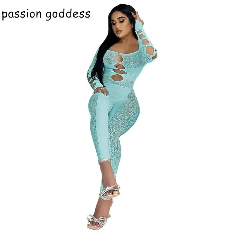 New 2022 Summer Slash Neck Off The Shoulder Hollow Out Skinny Jumpsuits Women Leopard Mesh Pearl Button Sexy Party Club Jumpsuit