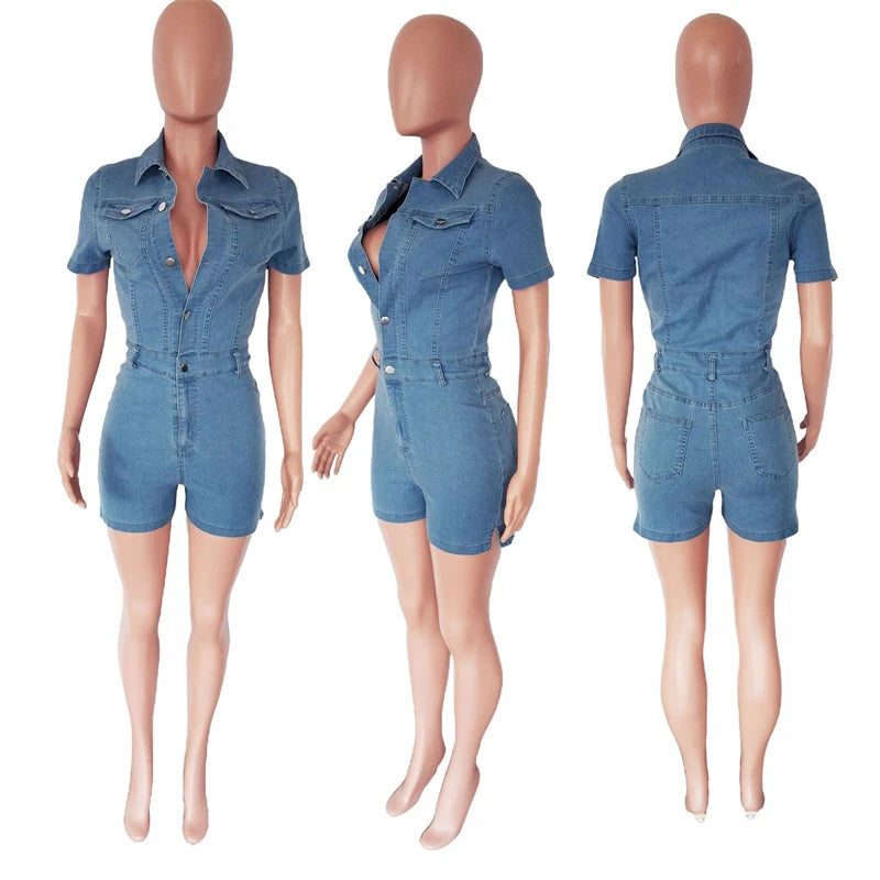 Summer Light Blue Sexy Split Denim One Pieces Bodysuit Jumpsuit Women 2023 Fashion Slim Skinny Cotton Short Jean Playsuit Romper