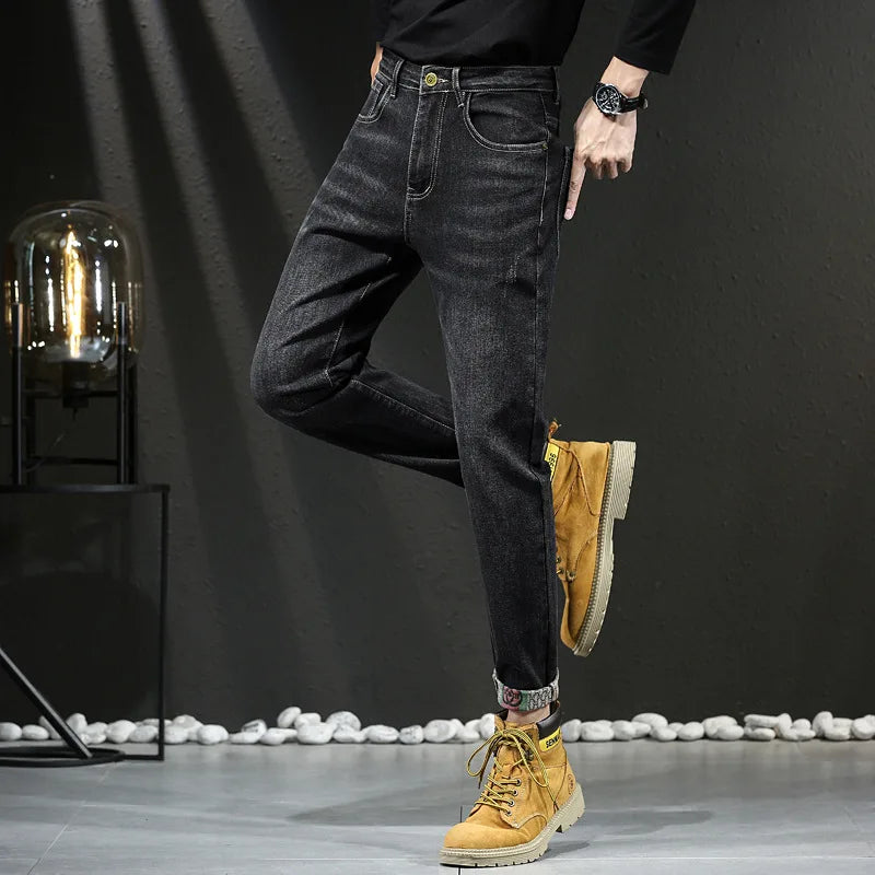 Jeans Spring and Autumn Fashion Jeans Men's Embroidery Elastic Slim Jeanadult Gentleman Comfortable Loose Senior High-end Man